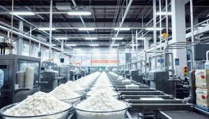 Fabbrica di dolcificanti in azione, con macchinari e operai al lavoro per garantire qualità.