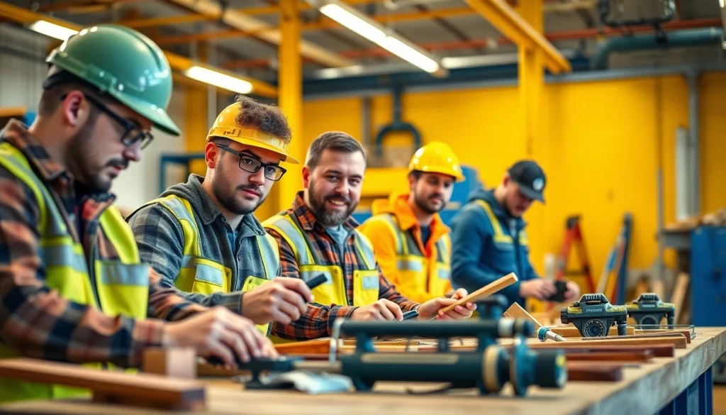 Construction trade schools in texas students actively training in a dynamic workshop environment.