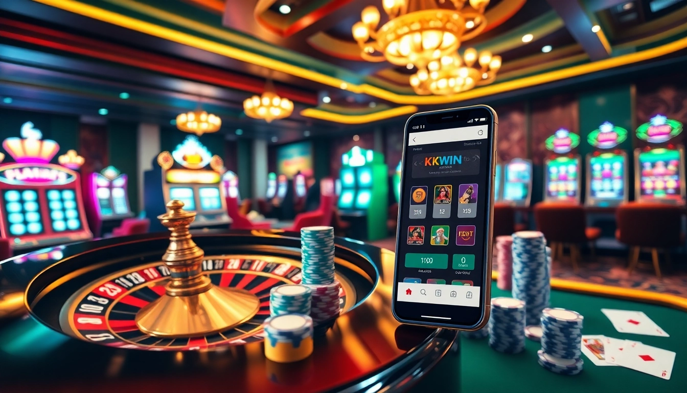 Experience the thrill of KKWIN vin with vibrant casino scenes showcasing exciting gameplay.