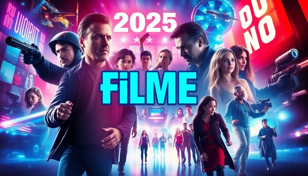 A colorful digital poster showcasing "filme noi" of 2025 with dynamic movie scenes, characters, and vibrant colors.