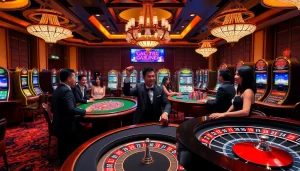 Players enjoy an exciting game of Baccarat at https://xx88.us/, surrounded by colorful poker chips and slot machines.