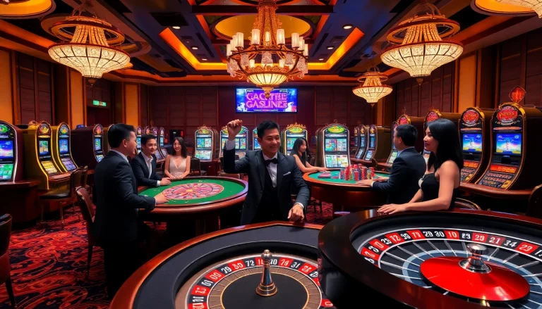 Players enjoy an exciting game of Baccarat at https://xx88.us/, surrounded by colorful poker chips and slot machines.