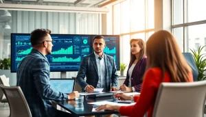 Team engaging in competitive intelligence analysis with digital displays in a bright office environment.