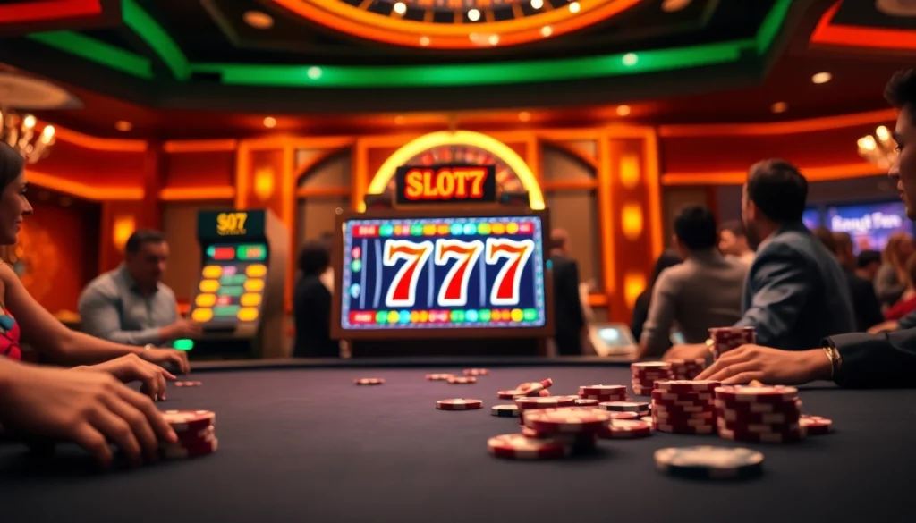 Spin the Slot777 machine surrounded by eager players in a luxurious casino.