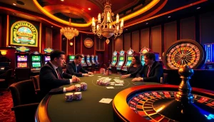 No hu represents thrilling casino gaming activity at a professional poker table and vibrant slot machines.