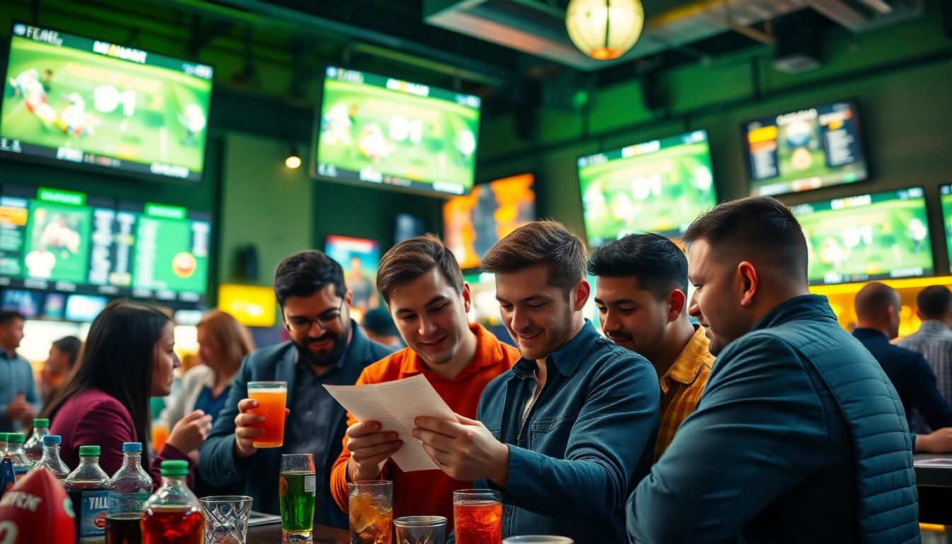Engaged bettors enjoying South Carolina sports betting at a lively bar with multiple screens.