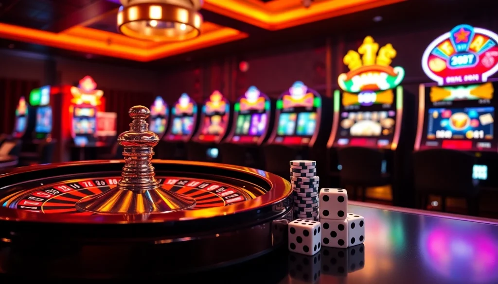 Experience the excitement of gambling at https://rr88.wales/ with a luxurious casino scene featuring vibrant roulette wheels and slot machines.