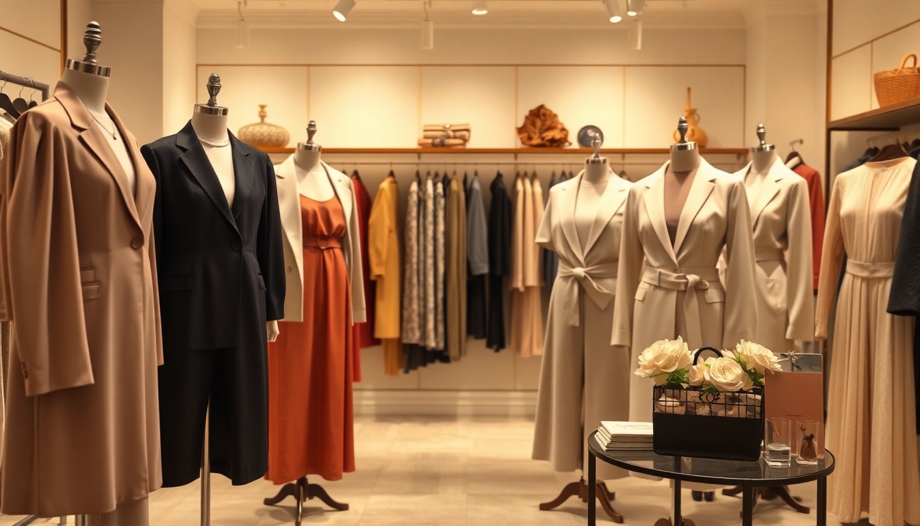 Rivelle elegant garments showcased in a sophisticated boutique environment.