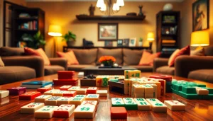 Memperlihatkan demo mahjong dengan papan permainan dan ubin warna-warni di suasana hangat dan nyaman.