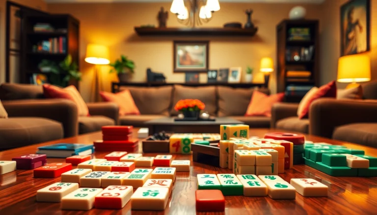 Memperlihatkan demo mahjong dengan papan permainan dan ubin warna-warni di suasana hangat dan nyaman.