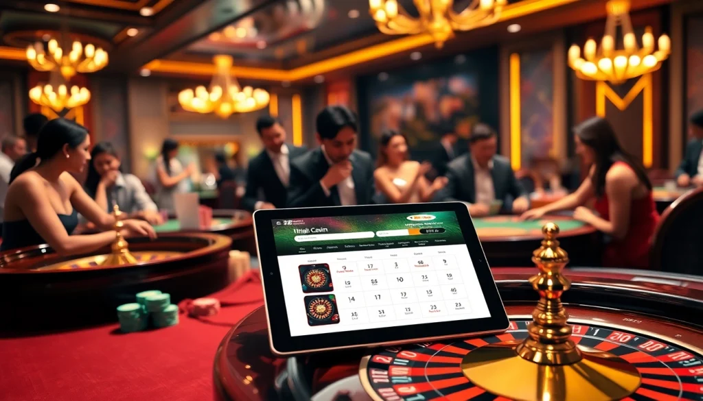 Players enjoying games at nhà cái 23win, showcasing excitement in a luxurious casino atmosphere.
