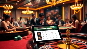 Players enjoying games at nhà cái 23win, showcasing excitement in a luxurious casino atmosphere.