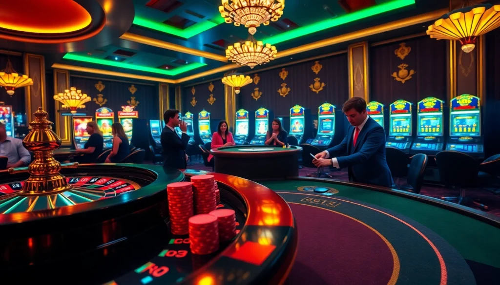 Players at an Onicplay casino enjoying thrilling slot and poker games in a vibrant atmosphere.