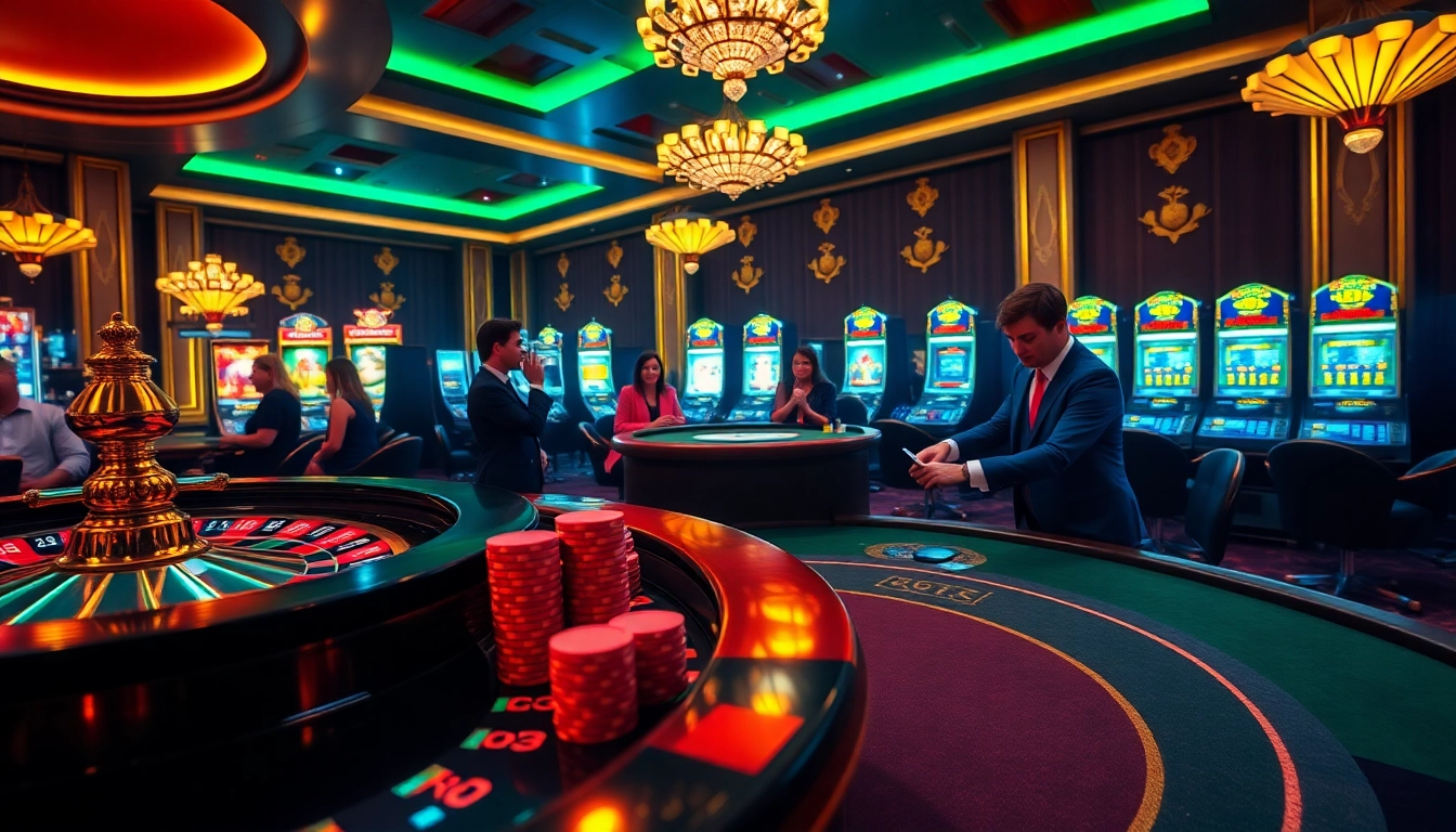 Players at an Onicplay casino enjoying thrilling slot and poker games in a vibrant atmosphere.