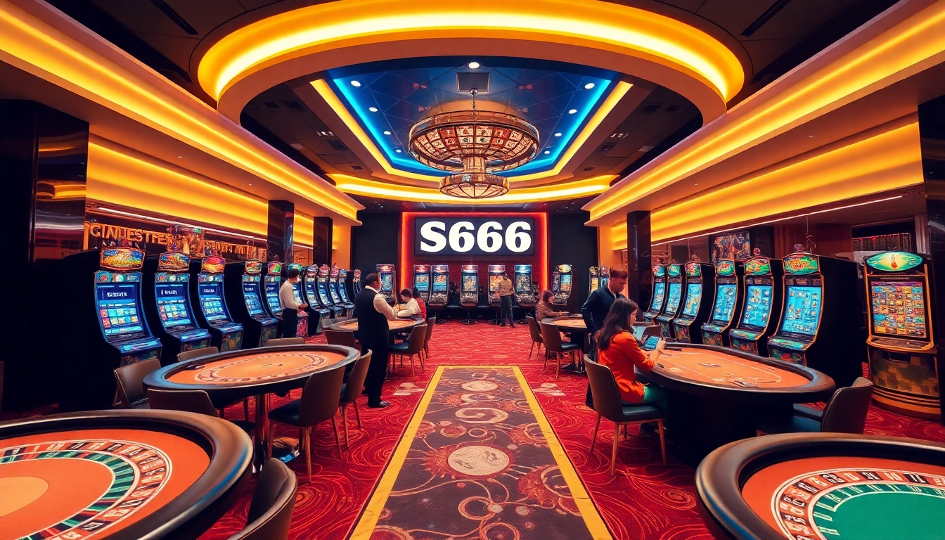 Exciting gaming scene at S666.nyc casino, showcasing vibrant tables and mobile engagement.