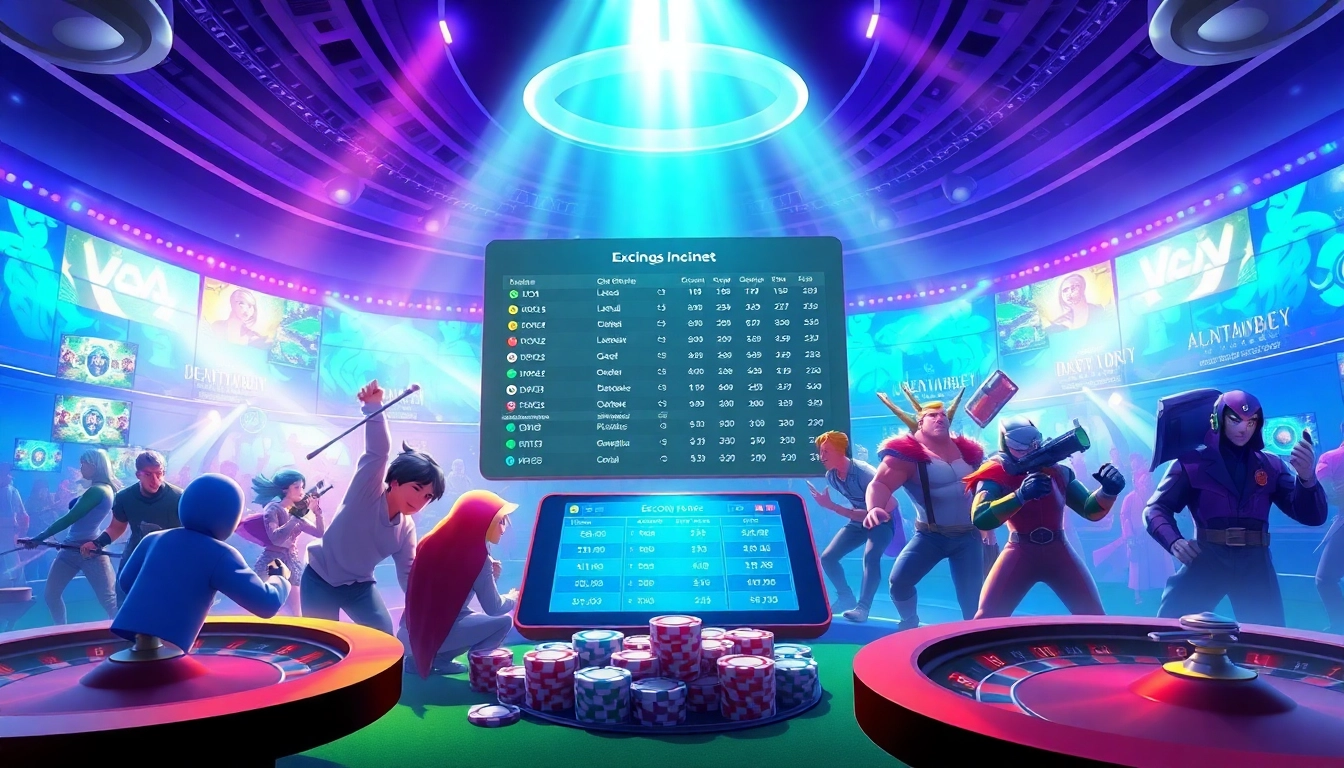 Experience Trực tiếp esports action at a vibrant casino with dynamic betting interfaces.