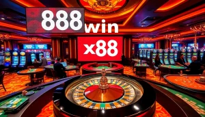 Experience the thrill of xx88 win with vibrant casino visuals showcasing roulette, poker chips, and glamorous gaming.