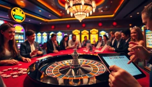 Engaged gamblers exploring the hidden wiki url at a vibrant casino table with roulette and chips.