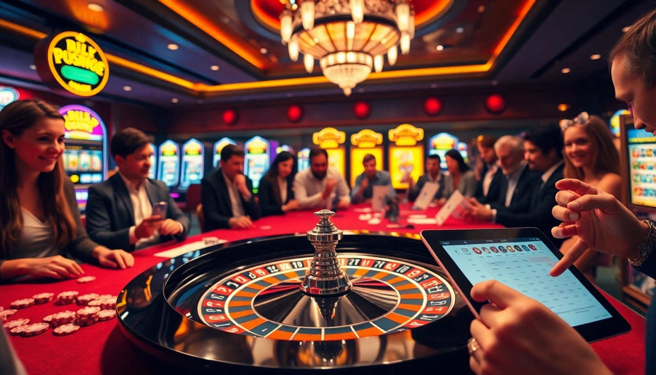 Engaged gamblers exploring the hidden wiki url at a vibrant casino table with roulette and chips.