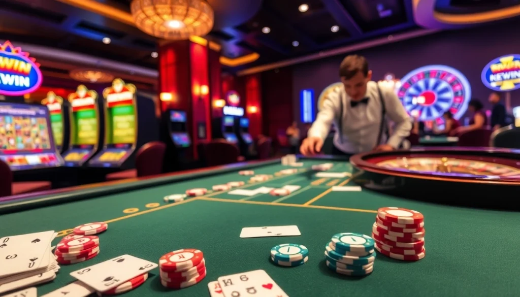 Experience luxury with Nhà cái KKWIN at an engaging casino scene, featuring poker and slot machines.