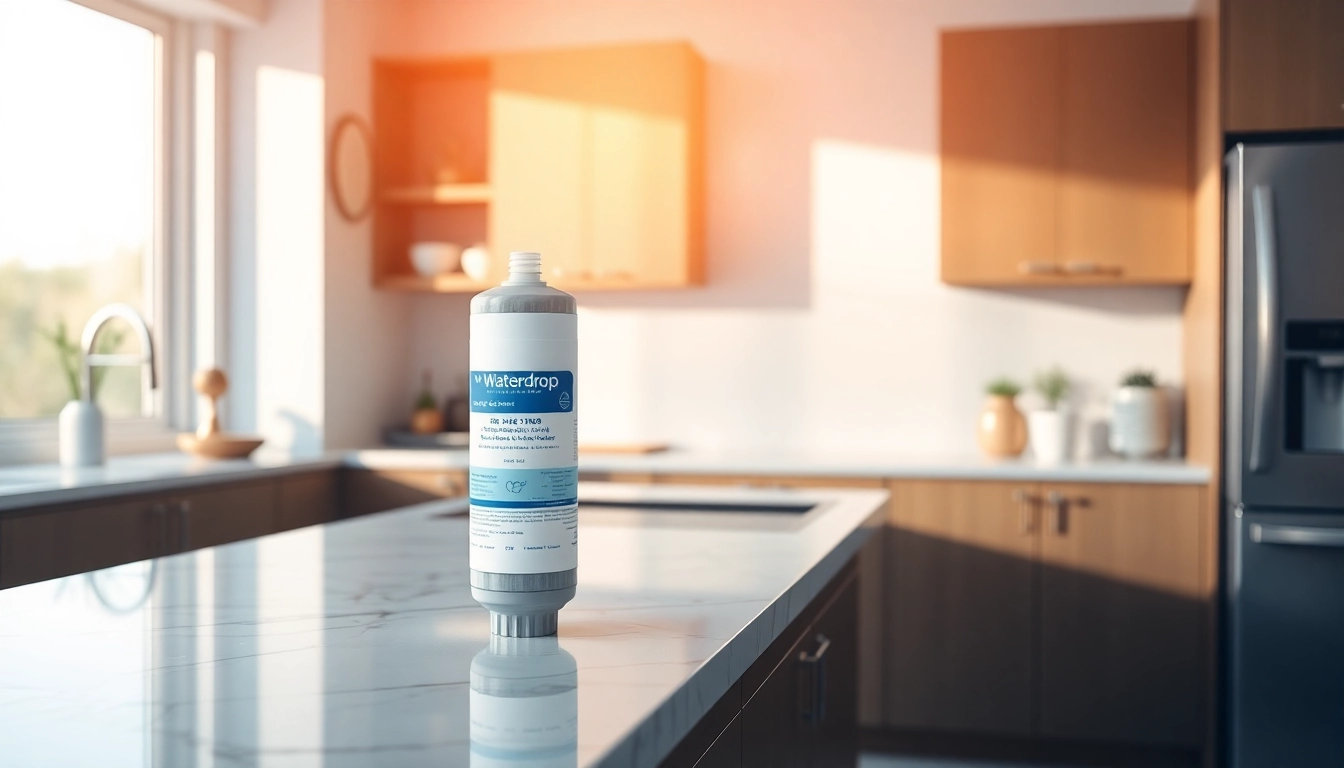 Waterdrop DA97-17376B Replacement for Samsung® HAF-QIN/EXP water filter displayed in a modern kitchen, emphasizing cleanliness and purity.