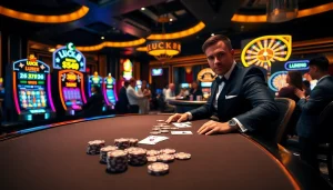 Cảnh casino LUCK8 cho thấy chip poker và bài trên bàn chơi sang trọng.