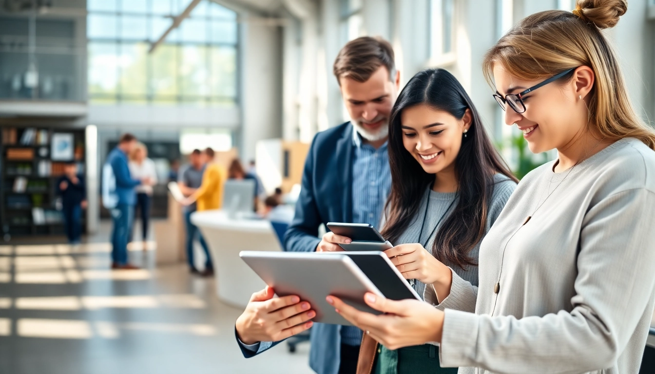 Engaging scene illustrating diverse users at https://buyingst.com marketplace, analyzing and collaborating.