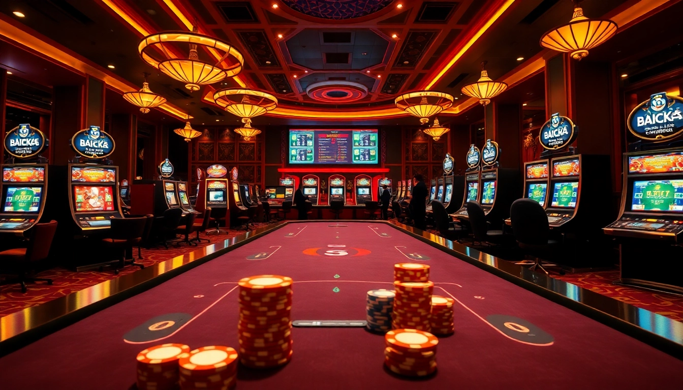 Exciting gambling environment at Website Kết Quả Bóng Đá featuring tables, chips, and slot machines.