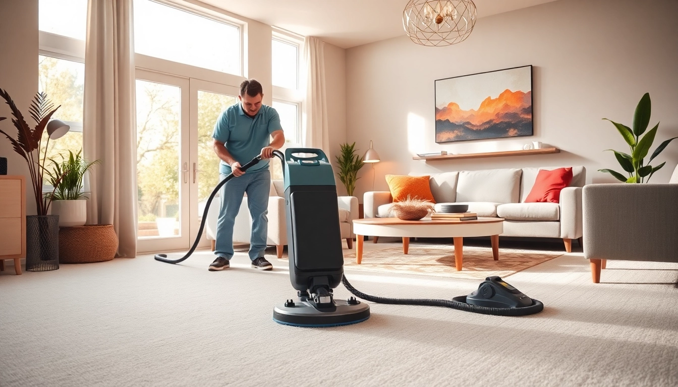 Local carpet cleaners demonstrating their services in a bright living room setting.