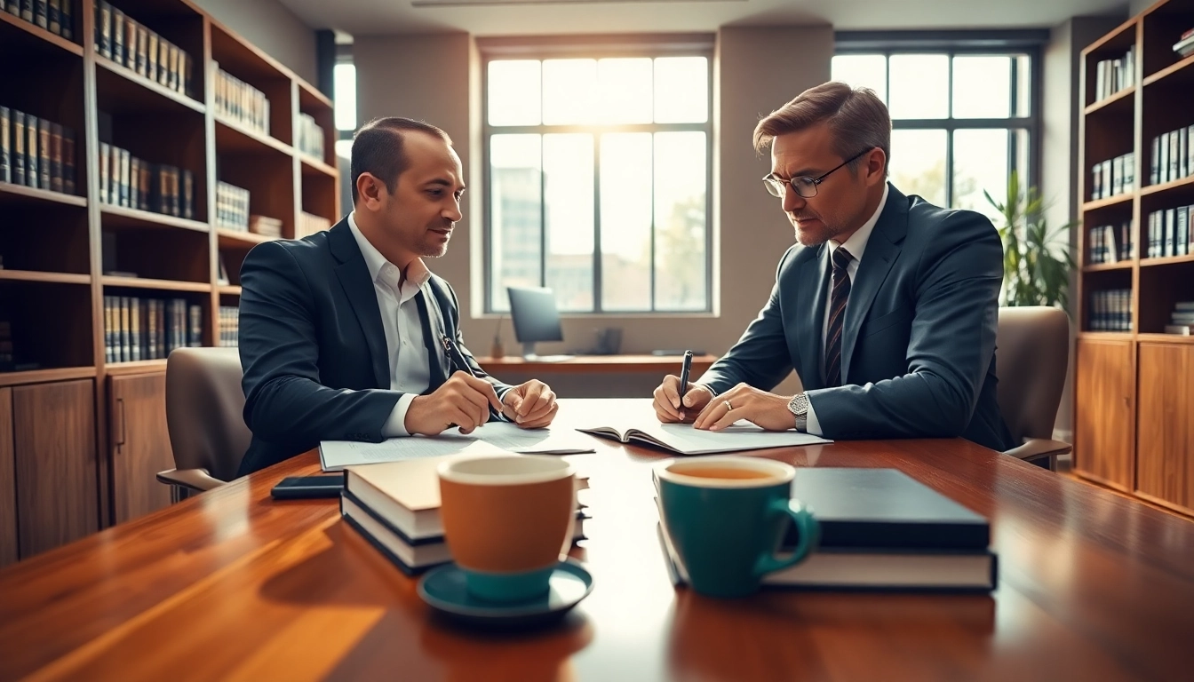 Consulting with an intellectual property lawyer in a professional office setting