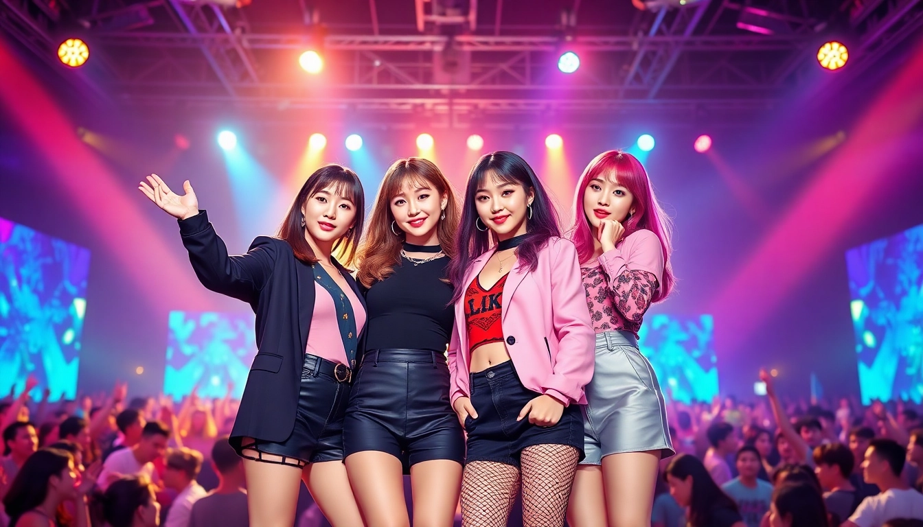 Blackpink members performing energetically on stage with vibrant lighting and expressions.