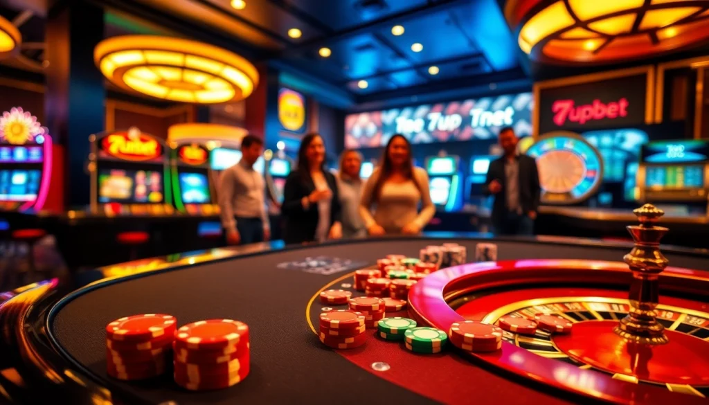 Intense players engaging in thrilling bets at a 7upbet casino table with vibrant chips.