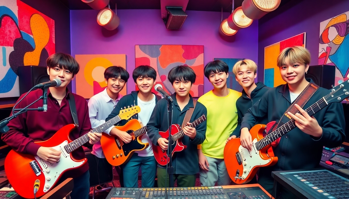 BTS members showcasing their musical talents in a vibrant studio with instruments and lively ambiance.