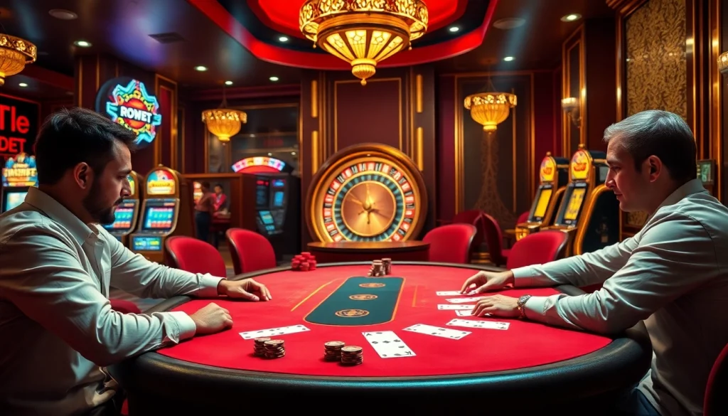 Experience the thrill of i9.bet with an exciting poker game scene in a luxurious casino setting.