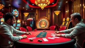 Experience the thrill of i9.bet with an exciting poker game scene in a luxurious casino setting.