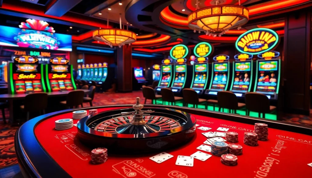 A thrilling gambling scene featuring the 98win casino with poker chips, roulette, and vibrant slot machines.