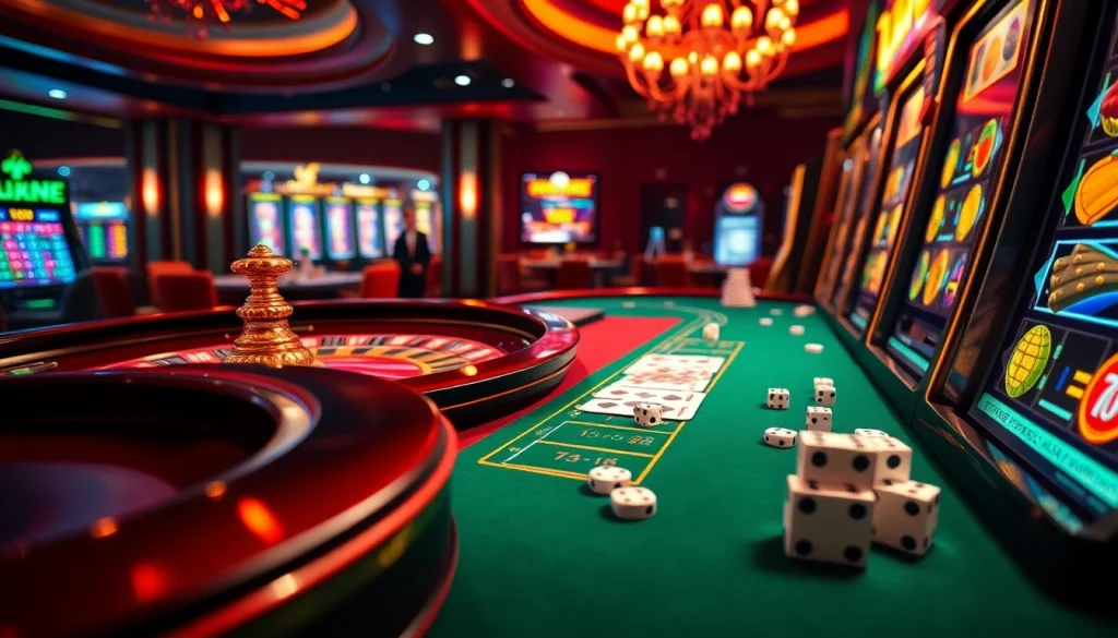 Players engage in exciting casino games at Man88, featuring vibrant roulette and poker tables.