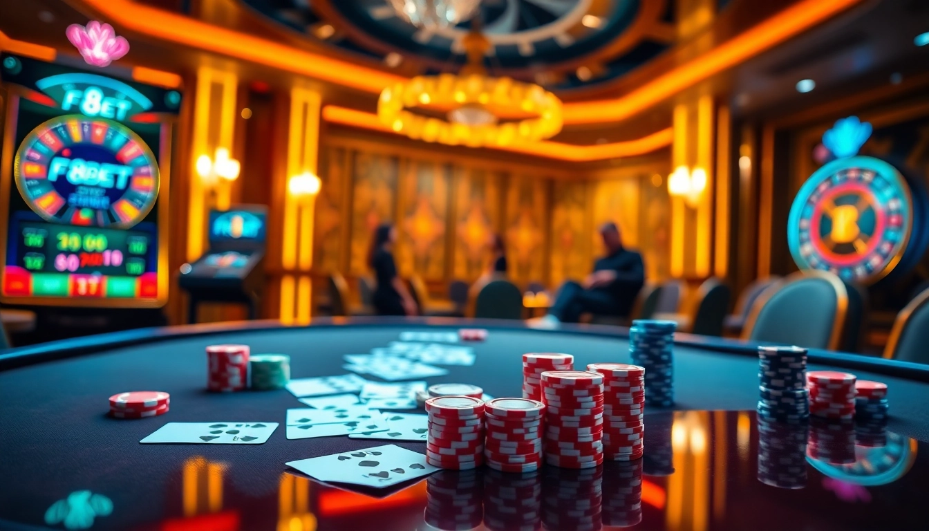 Experience the excitement of F8BET with a vibrant casino scene featuring poker and roulette games.