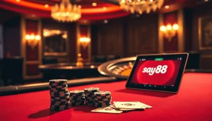 Embrace the thrill of high-stakes gambling at say88 casino with vibrant poker chips and elegant casino tables.