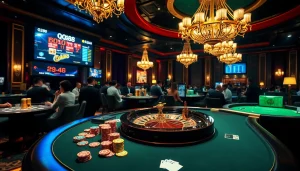 Engaging casino scene showcasing Nhà cái QQ88 with poker chips, cards, and roulette wheel.