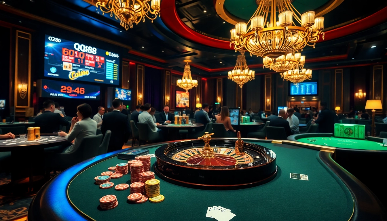 Engaging casino scene showcasing Nhà cái QQ88 with poker chips, cards, and roulette wheel.