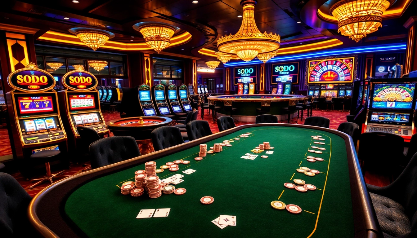 SODO-themed casino scene showcasing an elegant poker table, vibrant slot machines, and luxe lighting.