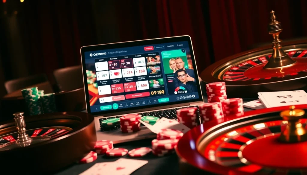 Experience the thrill of gambling at Nhà cái OKWIN with vibrant casino elements and modern aesthetics.