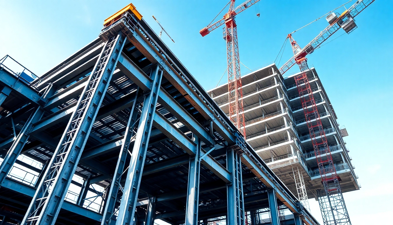 Highlighting structural steel construction within a dynamic construction site atmosphere.