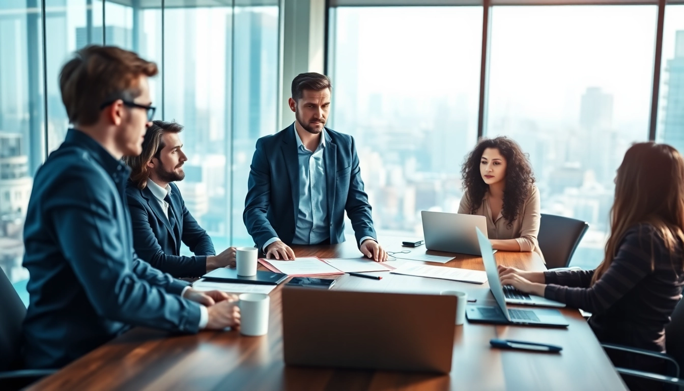 Crisis management consultant engaging a diverse team in a strategy session.