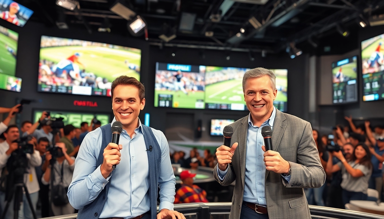 Sports Broadcasting live from a dynamic studio with enthusiastic anchors and exciting visuals.