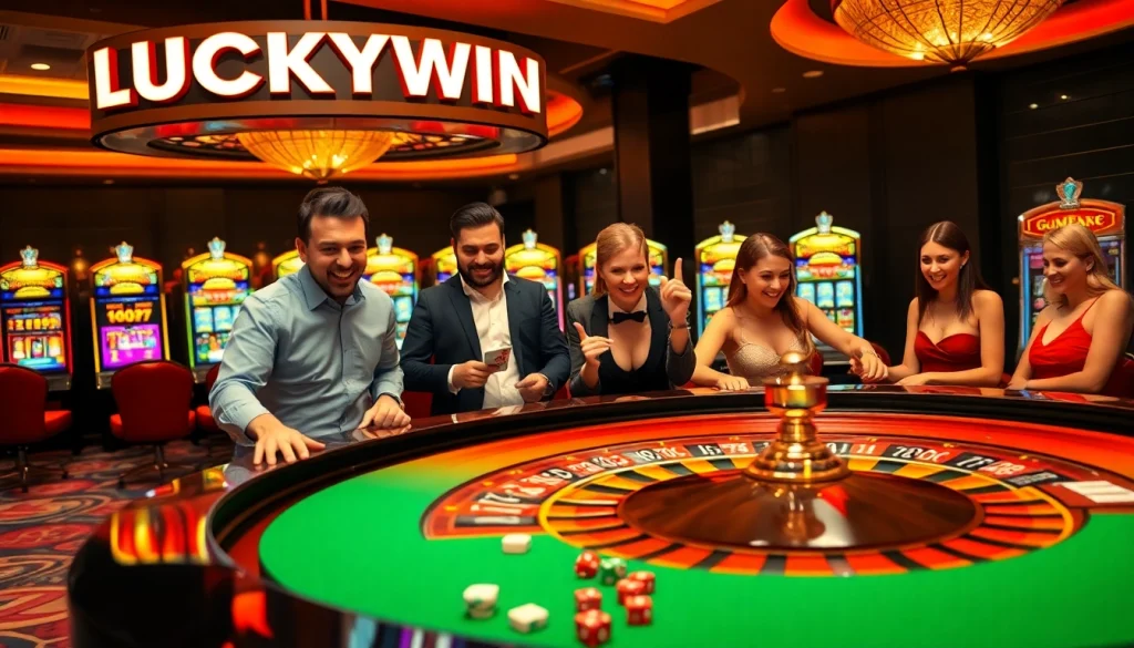 Experience LUCKYWIN excitement at a luxurious casino with vibrant gaming tables and joyous gamblers.