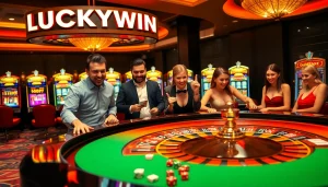 Experience LUCKYWIN excitement at a luxurious casino with vibrant gaming tables and joyous gamblers.