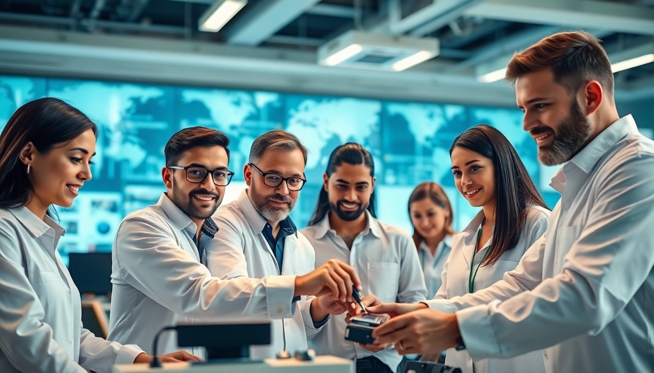 Engineers collaborating on das 140 technology project in a modern office.