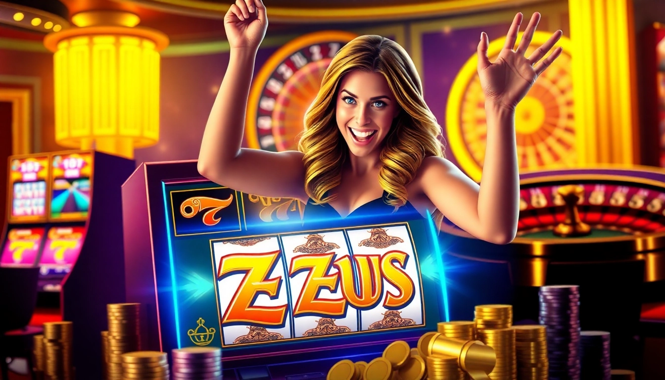 A gambler wins on the zeus slot machine in a vibrant casino setting filled with colorful lights and excitement.